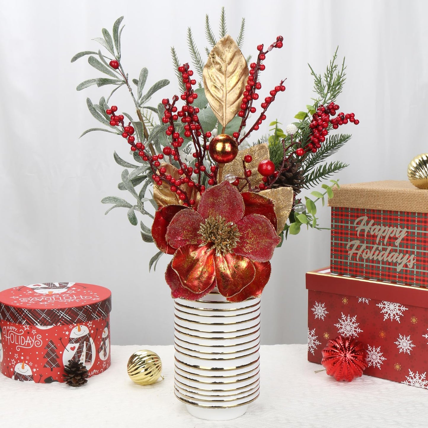 Briful 2PCS Christmas Glitter Magnolia Flowers Picks and Spray with Christmas Balls Ornament Red Berries Gold Leaves Branches for Xmas Tree Wreath Vase Floral Arrangement (Red Gold)