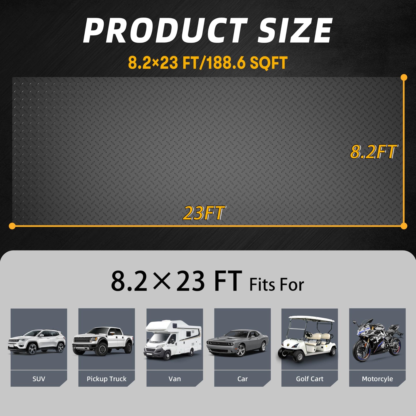 LulnCush 8.2 x 23 FT Garage Floor Mat, 2.8mm Thickened Diamond Plate PVC Garage Flooring Roll for Under Car, Heavy Duty Garage Floor Protector 188.6 SQFT for Garage, Basement, Golf Cart. Black
