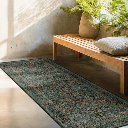 Dark Green 2x5 Runner Rug Non Slip Washable for Bathroom, Kitchen, Floral Boho Low Pile Entryway Rug, Door Mat Indoor Entrance, Small Carpet Runner for Laundry Room