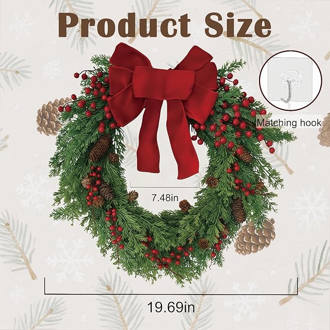 Christmas Wreath for Front Door, Red Bow & Real Pine Cones with Pine Branches & Berries, Artificial Holiday Wreath for Indoor & Outdoor Wall Decor (20 inches)