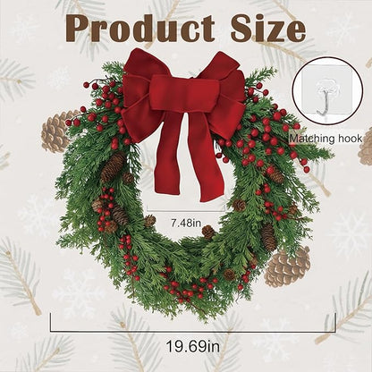 Christmas Wreath for Front Door, Red Bow & Real Pine Cones with Pine Branches & Berries, Artificial Holiday Wreath for Indoor & Outdoor Wall Decor (20 inches)