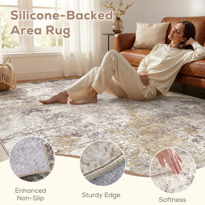 Nakagishi 9X12 Area Rugs for Living Room: Washable Modern Abstract Rug with Non-Slip Silicone Backing Low Pile Soft Carpet for Bedroom & Dining Decor Ideal for Families with Kids and Pets-Brown