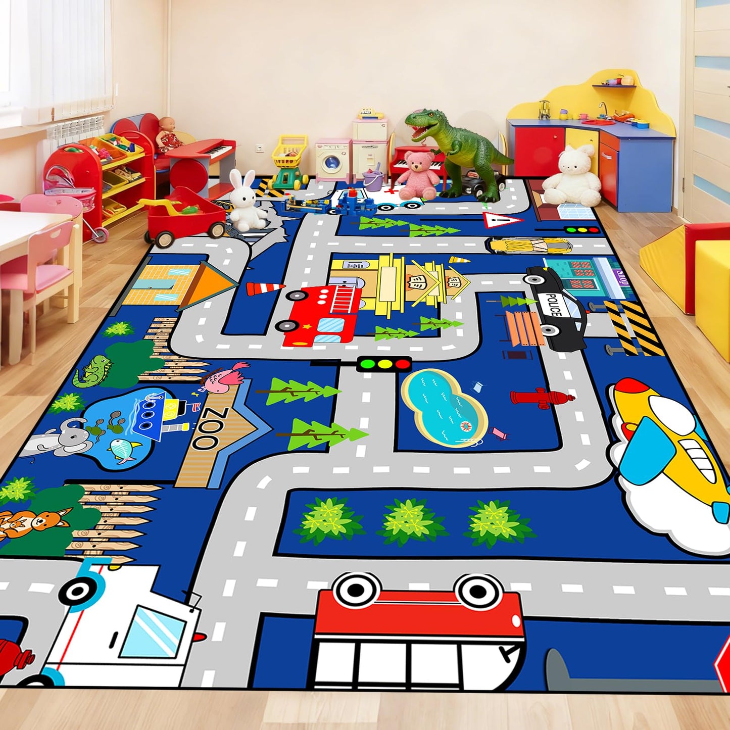 Car Rugs for Kids 6x9 Feet - Large Car Road Rug for Playroom Kids Carpet Playmat Rug City Life Road Map Carpets Classroom Nursery Kid Play Rugs, Blue