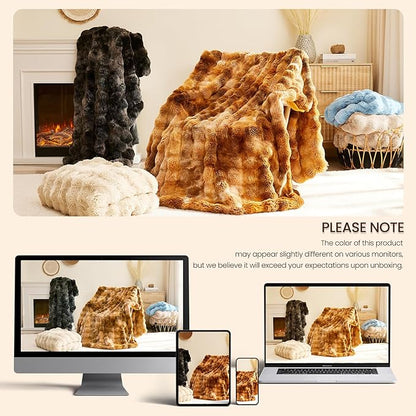 L'AGRATY Faux Rabbit Fur Blanket: 90" x 90" Queen Luxury Soft Fluffy Thick Fur Throw Blanket for Couch Bed Sofa - Cozy Plush Bubble Blankets for Winter: Flannel Fleece Decorative Blanket(Almond White)