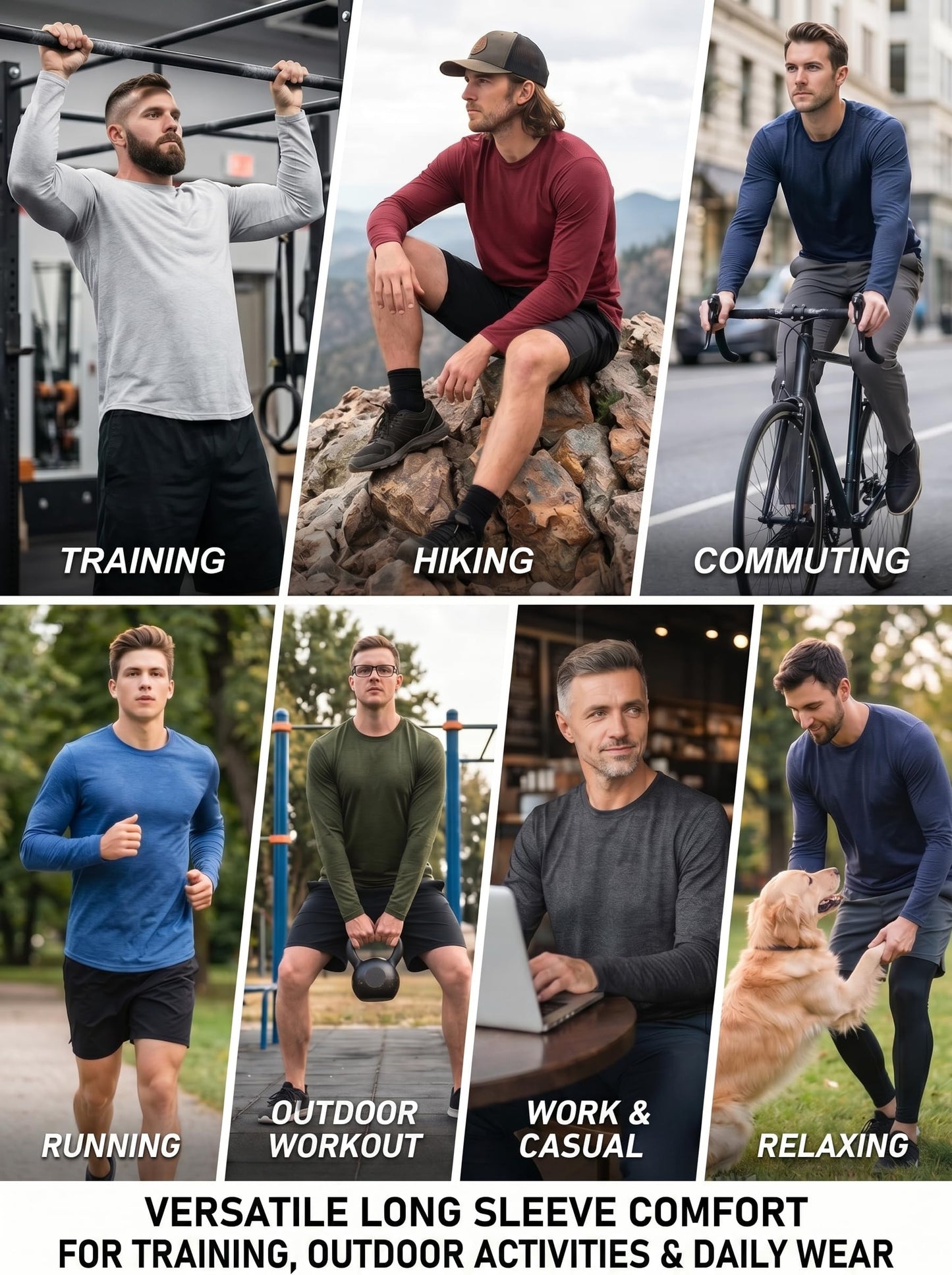 6 Pack Men's Quick Dry Long Sleeve Shirts Moisture Wicking Sun Protection UV UPF SPF Performance T-Shirt for Casual Workout L