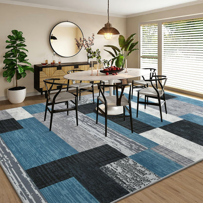 Large Area Rugs,Modern Geometric Patchwork Floor Decor for Bedroom Aesthetic Carpet, Rockwood Collection, Indoor Rugs for Living Room, Dining Room, Nursery, Office, Machine Washable Rug,5x8 Ft Blue