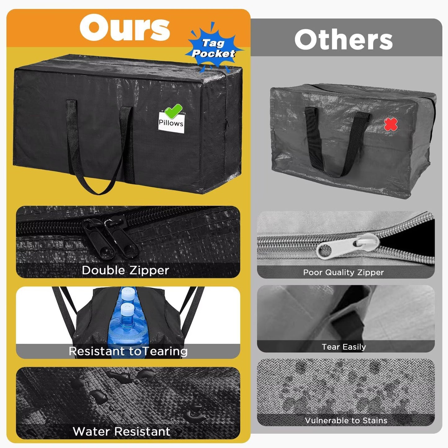 BETU 8 Pack Moving Bags Moving Storage College Dorm Camping Packing Travel PE Heavy Duty, Sturdy Handle, Zipper Large Storage Tote Bag Moving Boxes Box Alternative - Black 29L x 14W x 13H