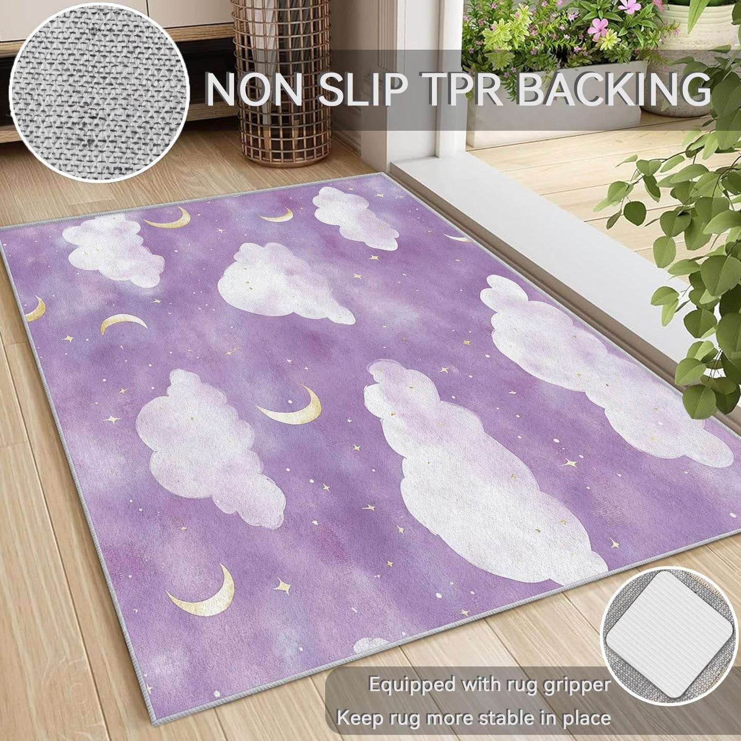 Vzdrahelia Purple Cloud Throw Rug 2x3,Moon Star Area Rug Washable,Kids Girls Rugs for Entryway, Bedroom,Cloud Pattern Indoor Door Mat Home Decor, Non Slip