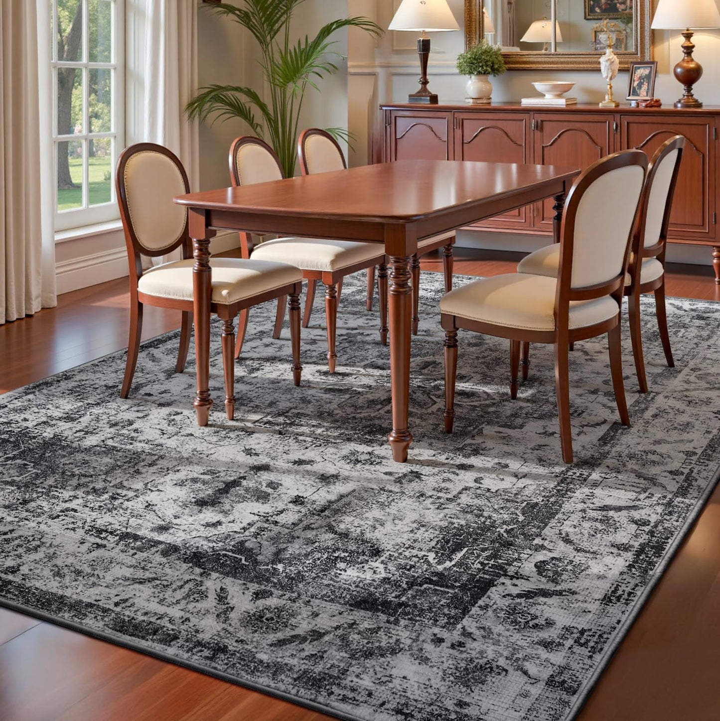 YOH Boho Washable Rug 8x10, Black Vintage Non Slip Area Rug, Distressed Indoor Carpet for Living Room Bedroom Kitchen Office