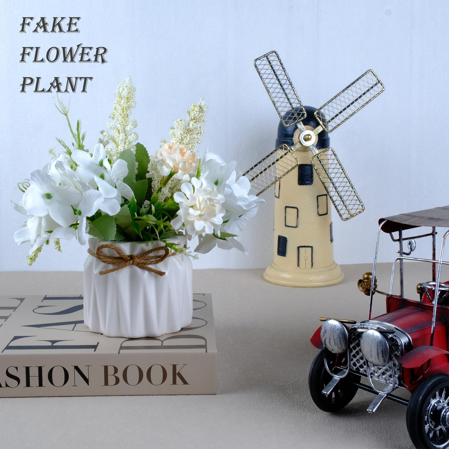 Artificial Potted Flowers White, Small Ceramic Vase Fake Flower Plants Desktop Decoration Indoor for Home and Office, Faux Flowers Hydrangea Decora for Table,Bookshelf,Bedroom,Living Room.(White)