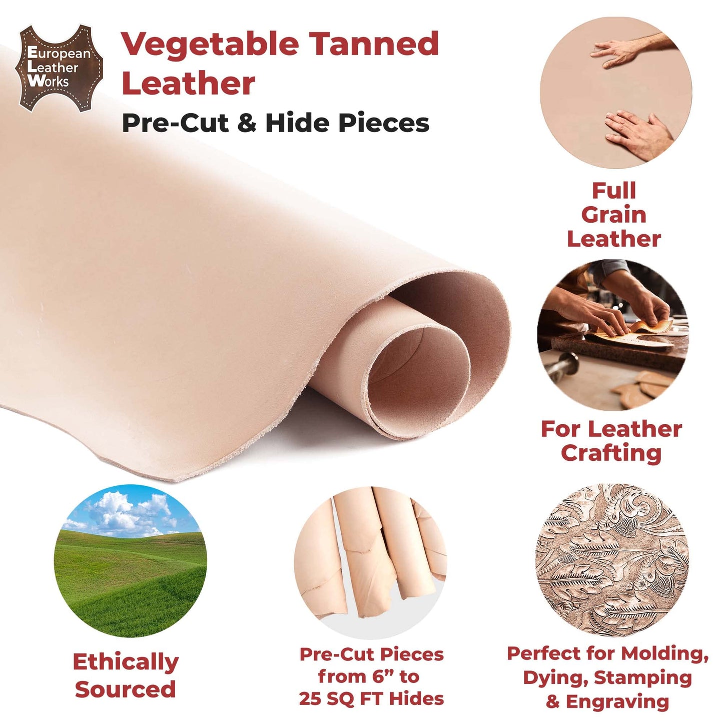 ELW 7-8 oz (2.8-3.2mm) Thickness Weight 8"x12" Vegetable Tanned Leather Cowhide Grade AB Full Grain Leather for Tooling, Carving, Engraving, Molding, Embossing, Stamping, & Dyeing