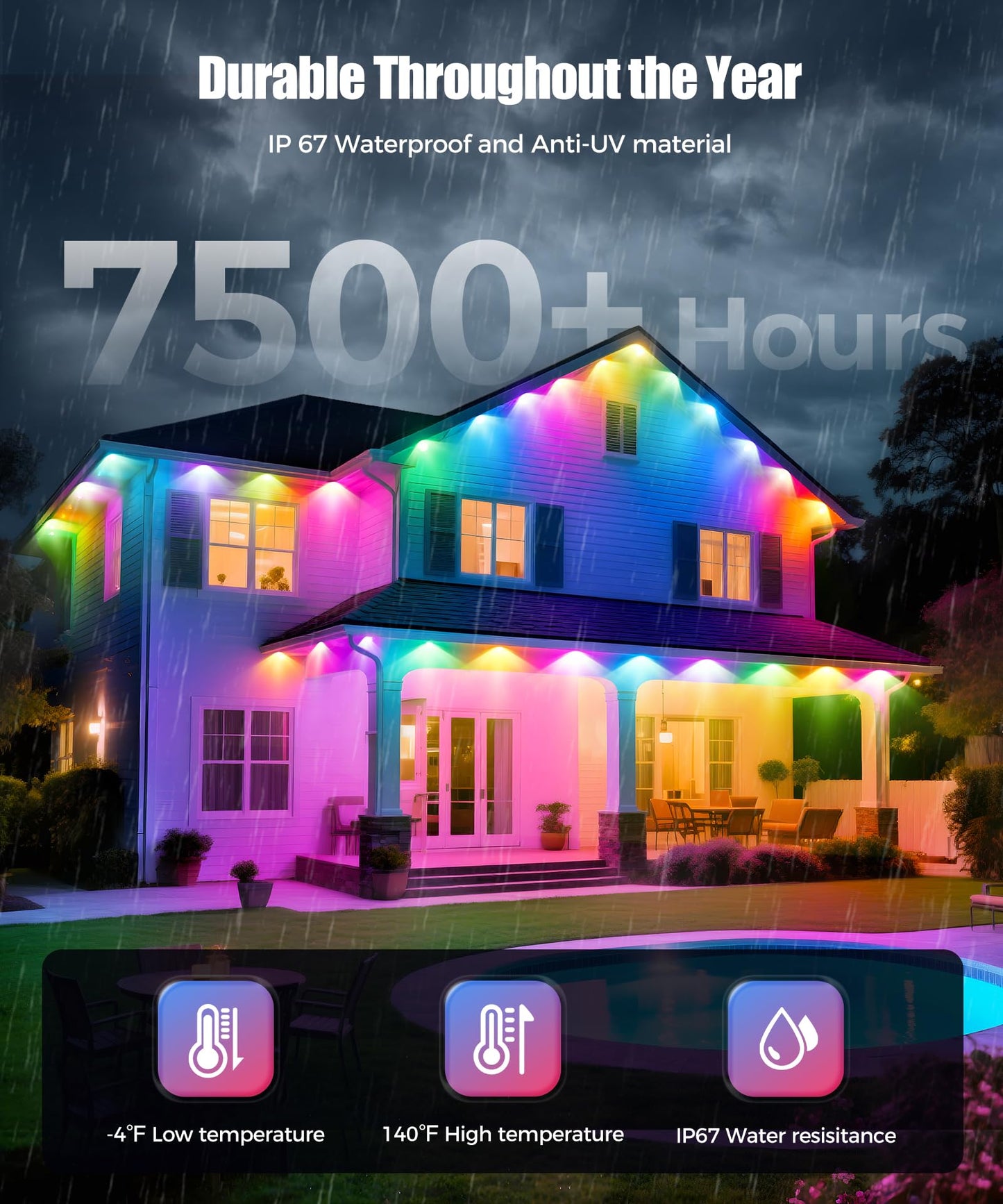 POOFZY Permanent Outdoor Lights for House,200ft RGB+IC Smart Outdoor Decor, 50 Scene Modes,App/Remote Control,for Christmas,V-Day,Thanksgiving,Daily & Holiday Party Decor