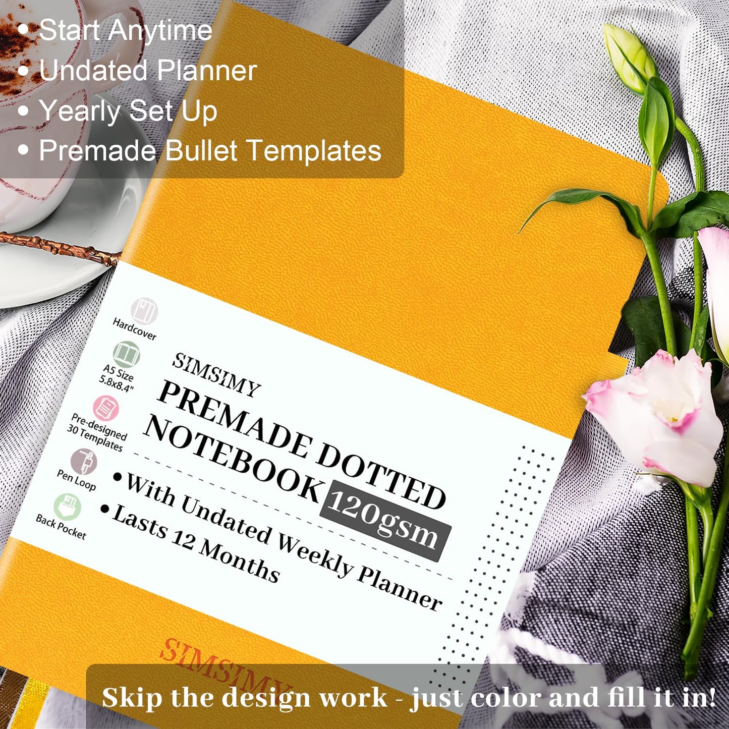 SIMSIMY Premade Bullet Dotted Journal Notebook, Pre-made Dot Grid Journaling with Undated Weekly & Monthly Planner, Various Trackers, Lasts 1 Year, A5