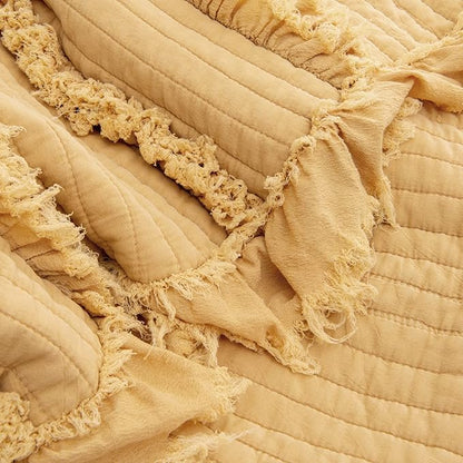 Ultra Soft Pre-Washed Quilted Boho Yellow King Size Blankets for Bed, Ruffle Fringed Decorative Throw, Stone Washed Chic Rustic Blanket for Sofa Couch Bed, 104"*90"