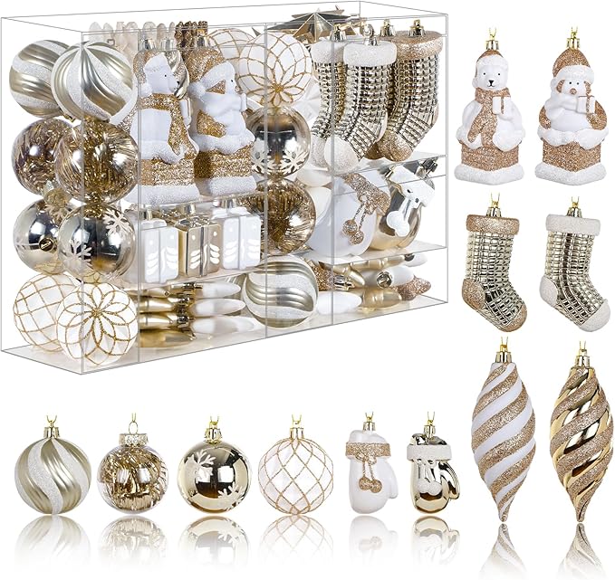 Alupssuc 112pcs Christmas Balls Ornaments Set, Shatterproof Plastic Baubles Christmas Penguin, Polar Bear for Xmas Tree Holiday Wedding Party Decorations with Hanging Strings, Gold and White
