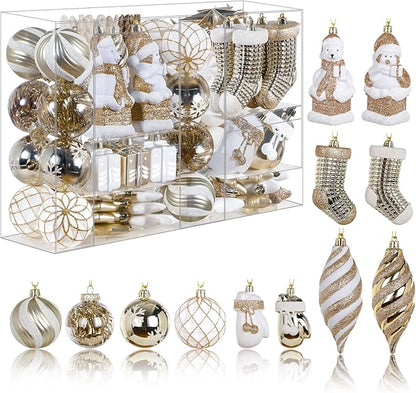 Alupssuc 112pcs Christmas Balls Ornaments Set, Shatterproof Plastic Baubles Christmas Penguin, Polar Bear for Xmas Tree Holiday Wedding Party Decorations with Hanging Strings, Gold and White