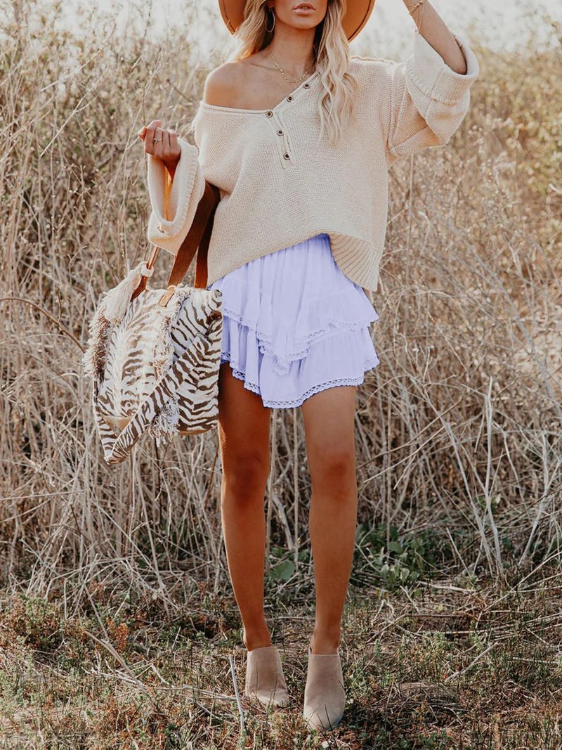 Aoudery Flowy Shorts for Women Casual Boho Ruffle Tiered Skorts High Waist Mini Skirts Golf Tennis Butterfly Crochet Shorts - Light Purple XS