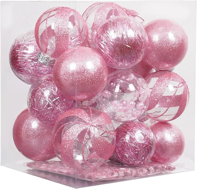 XmasExp 32ct Christmas Ball Ornaments Set -Pink Clear Plastic Shatterproof Xmas Tree Ball Decorations Hanging Baubles for Holiday Decor