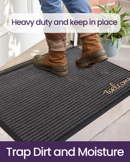 DEXI Front Door Mat Outside Entrance, 2x3 ft Rubber Entry Doormat Heavy Duty, Non Slip Welcome Mats for Inside House Floor Entryway Exterior Patio, Welcome Grey