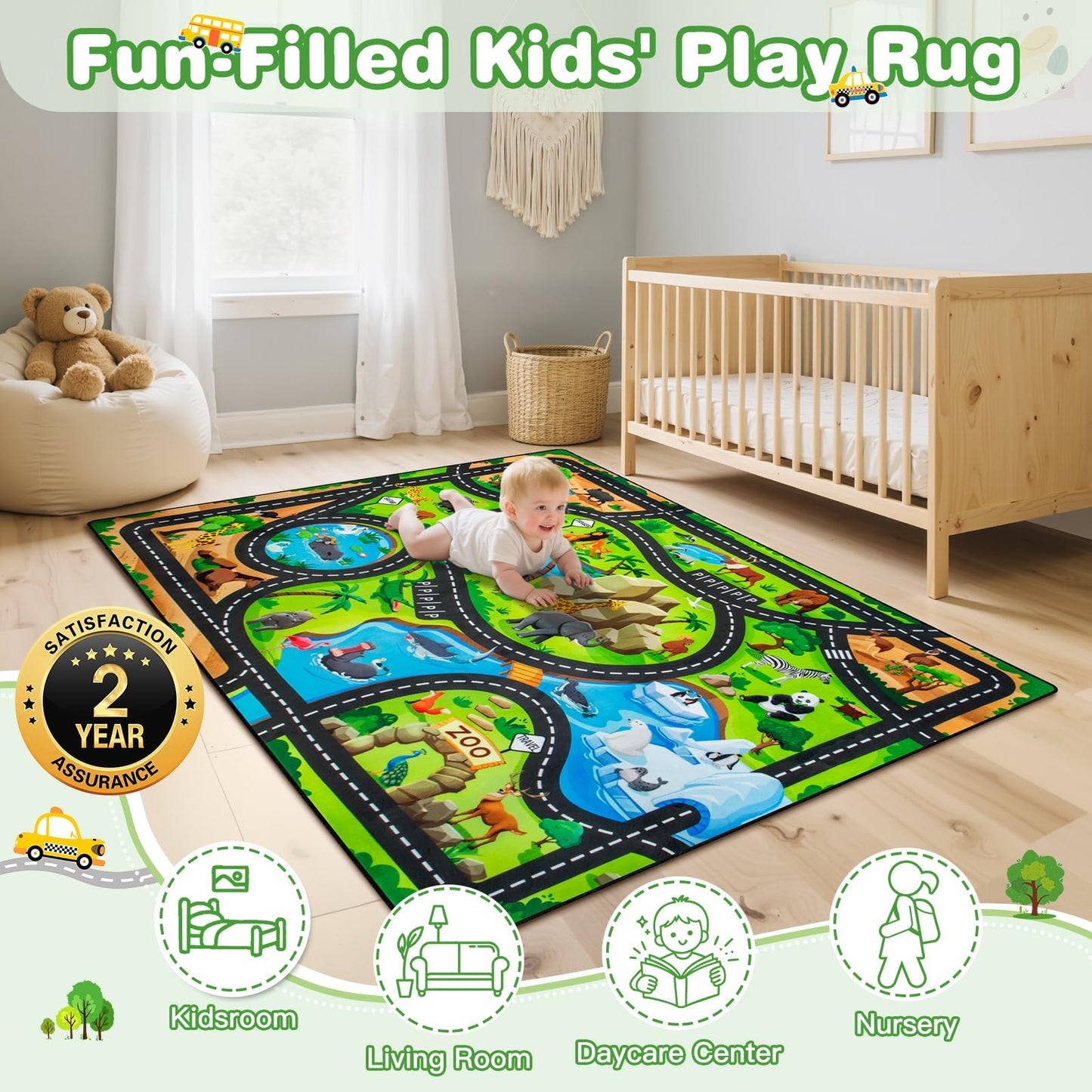 AlphabetAcre Kids Rug, 3x5 Ft Animal Car Rugs for Kids Toy Cars, Extra Thick (0.4in) - Non-Slip Zoo Road Rug Mat Carpet for Playroom & Bedroom, Educational Learning & Game Area