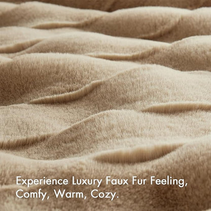Madison Park Luxuriously Cozy Soft Long Faux Fur Basketweave Blanket, Reversible Soft & Snuggly Velvet Throw, Lightweight, Breathable, All Season, Trendy Room Décor, 50x60, Tan