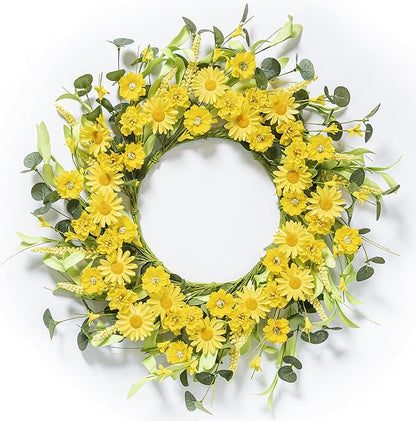 Spring Summer Door Wreath 20 Inch Yellow Daisies/Forsythia Flowers with Eucalyptus Leaves Seasonal Wreath for Front Door, Wall, or Porch Patio Decor