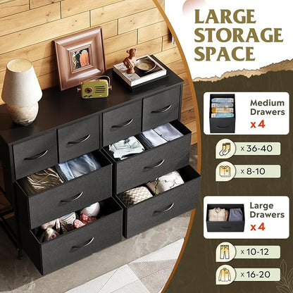 WLIVE Dresser for Bedroom with 8 Drawers, Wide Fabric Dresser for Storage and Organization, Bedroom Dressers, Chest of Drawers for Living Room, Closet, Hallway, Black