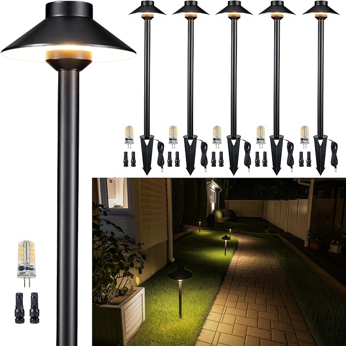 Gardenreet Brass Hardwired Landscape Path Light, 12V Low Voltage Pathway Lights IP65 Waterproof, Outdoor Walkway Lighting Wired, Hat-top Black for Patio Lawn with 4000K Neutral White G4 Bulb (6 Pack)