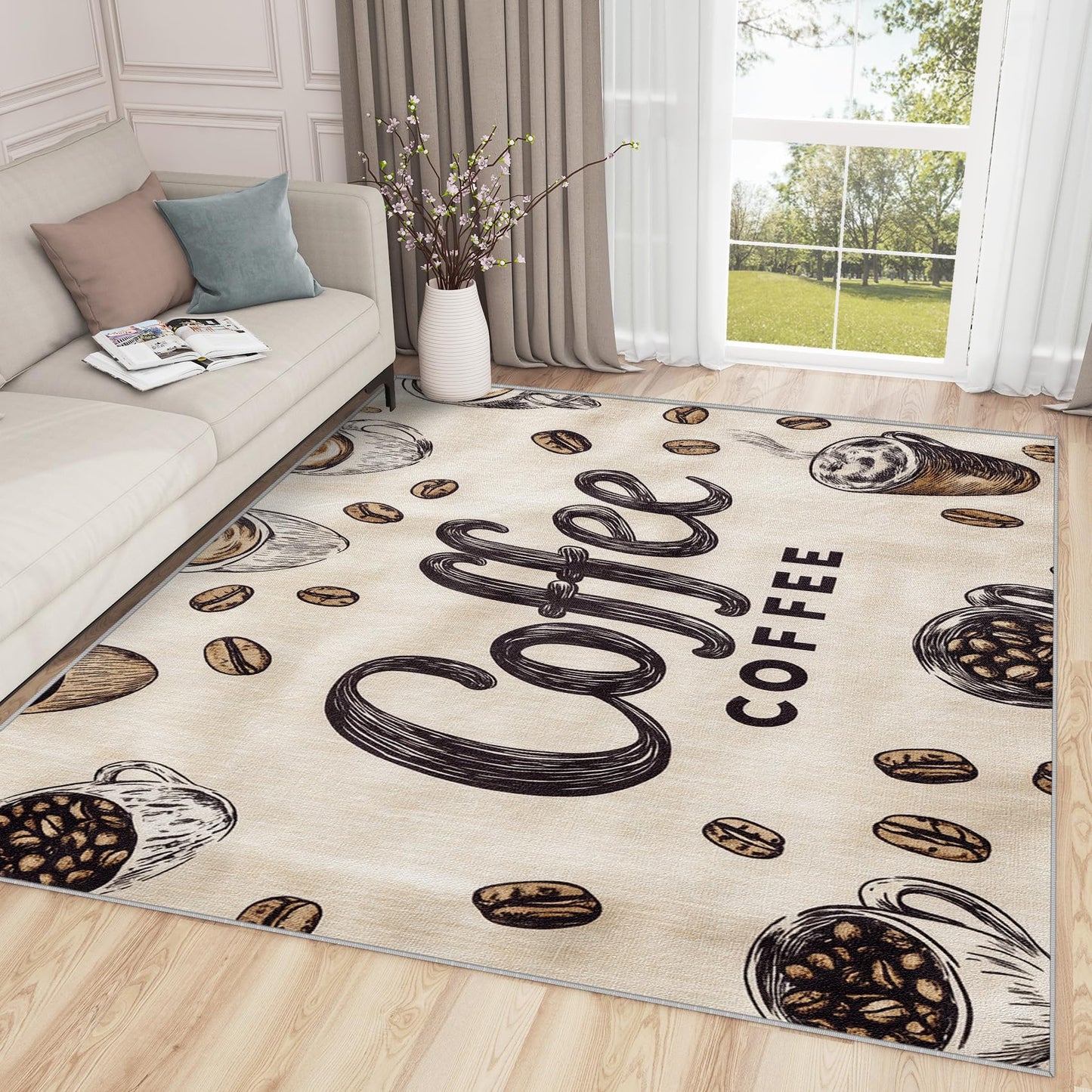 Coffee Rug 5x6 - Coffee Bean Area Rugs for Living Room Bedroom - Kitchen Carpet - Washable Non Slip Durable - Cafe Home Decor & Gifts