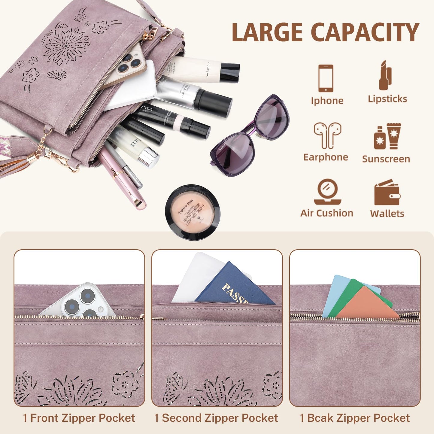 HAYRVANE Crossbody Bags for Women Designer Leather Cross Body Purses Multi Pocket Shoulder Handbags with Wide Strap