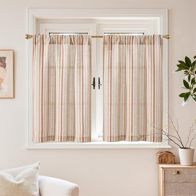 jinchan Colorful Striped Linen Kitchen Curtains 36 Inch Christmas Tier Curtains Farmhouse Modern Cafe Small Window Treatments Light Filtering Rod Pocket for Living Room Bathroom 2 Panels Multi Red