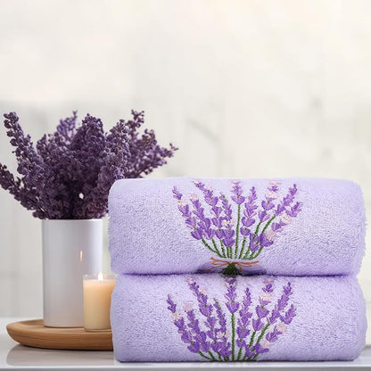 2 Pcs Lavender Hand Towels Purple Bathroom Decor 14x29 Inch Embroidered 100%