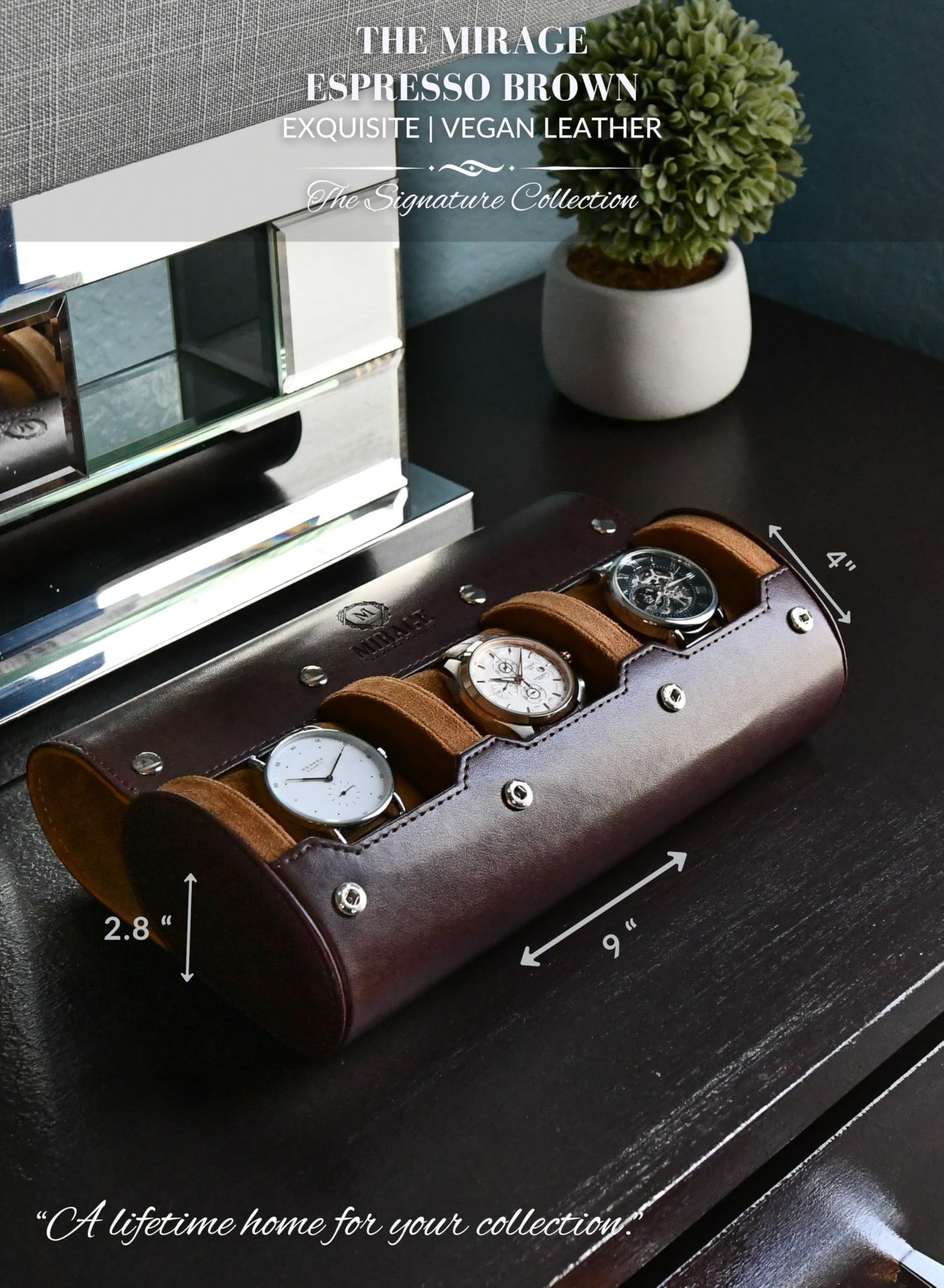 Watch Travel Case for Men Watch Roll for Travel Organizer and Display Watch Case - Swiss Espresso Vegan Leather Watch Case