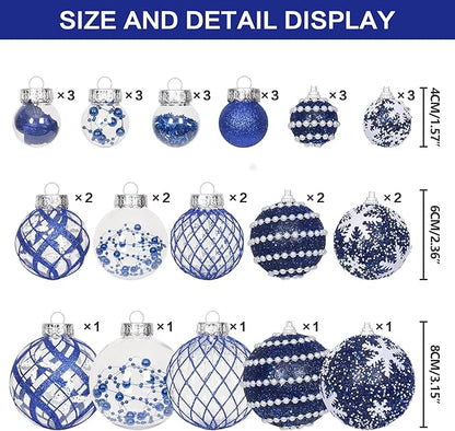 Super Holiday Christmas Ball Ornaments, 33PCS Blue Clear Shatterproof Plastic Foam Ornaments Set for Hanging Xmas Tree Holiday Thanksgiving Party Decor.