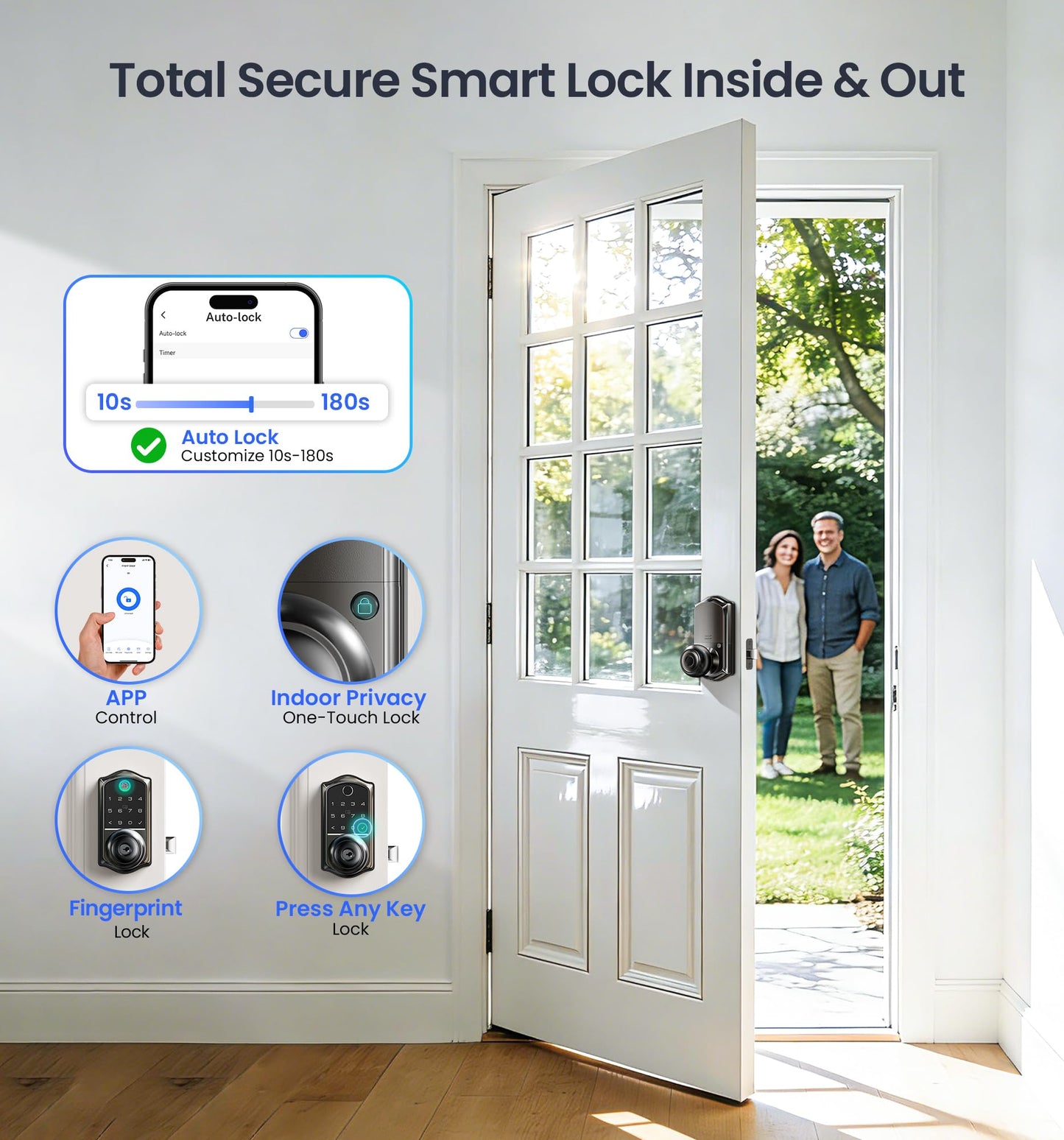 Veise VE018 Smart Knob Handle Lock - Fingerprint, App Control, Keyless Entry for Front Door and Bedroom, Electronic Digital Keypad, Auto Lock, Remote Access Sharing, Easy Installation, Matte Black