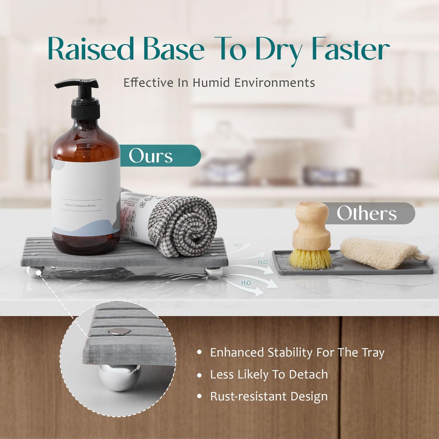 Water Absorbing Stone Tray for Sink, Diatomite Drying Stone for Kitchen Bathroom Counter, Decorative Raised-Feet Vanity Tray, Sink Caddy Organizer for Dish Soap & Sponge Holder [Grey, 12'' x 4'']