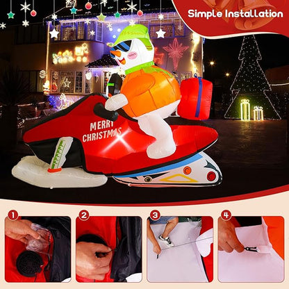 7FT Christmas Inflatable Snowman Motorcycle Decoration, Multi-color, LED Light, Weather Resistant