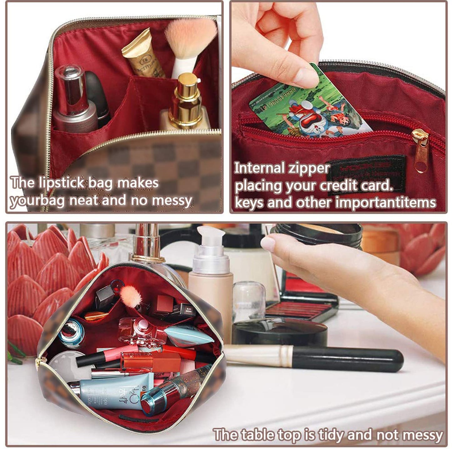 BAGCRAZY Checkered Makeup Bag Set, Elegant Travel Cosmetic Bag 2 Pack, Waterproof PU Leather Makeup Organizer with Zipper for Women
