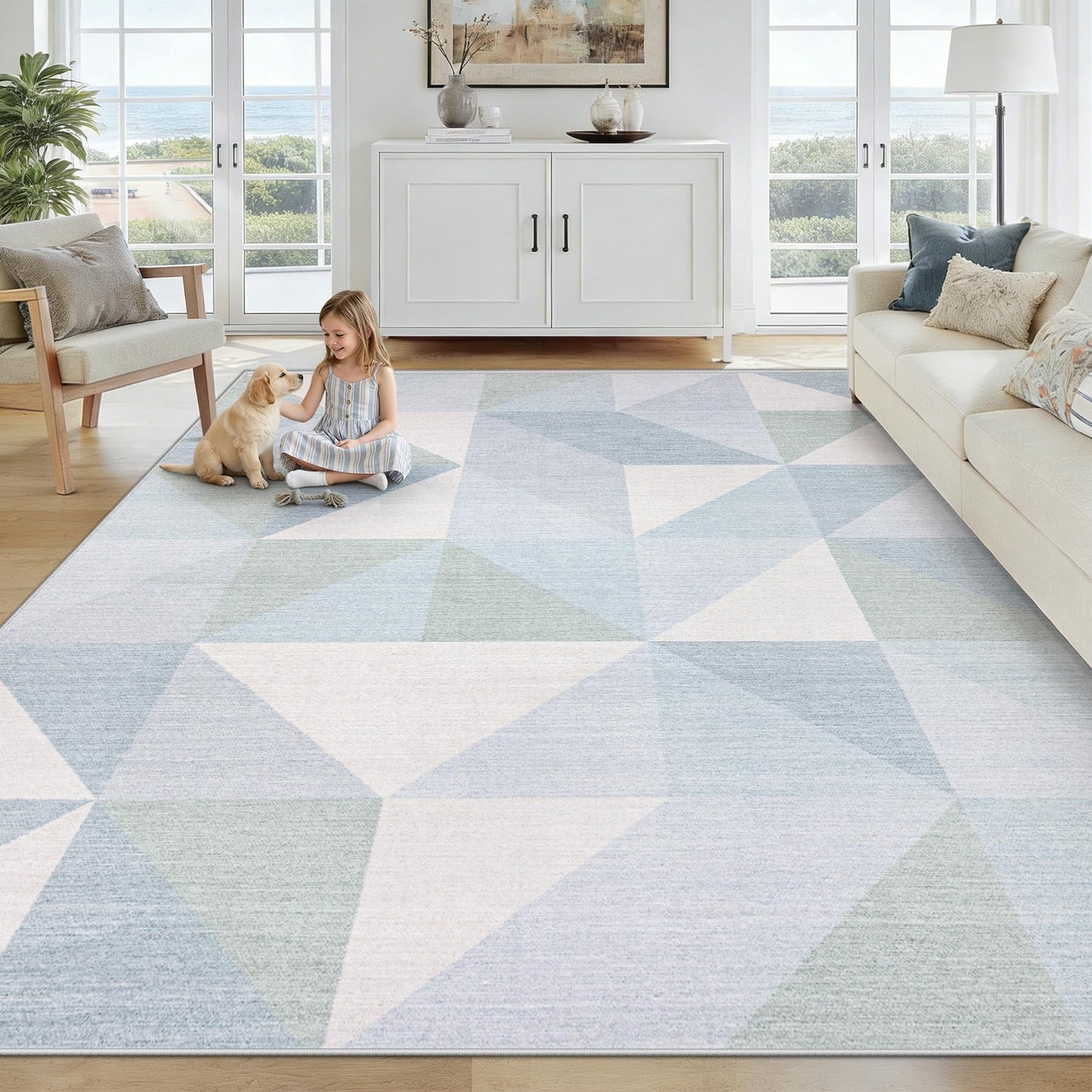 Washable Rug 6x9 Area Rugs: Modern Geometric Area Rug for Living Room Non-Slip Neutral Soft Carpet Low Pile Stain Resistant Indoor Rugs for Bedroom Nursery Dining Room Office (Light Blue, 6'X9')