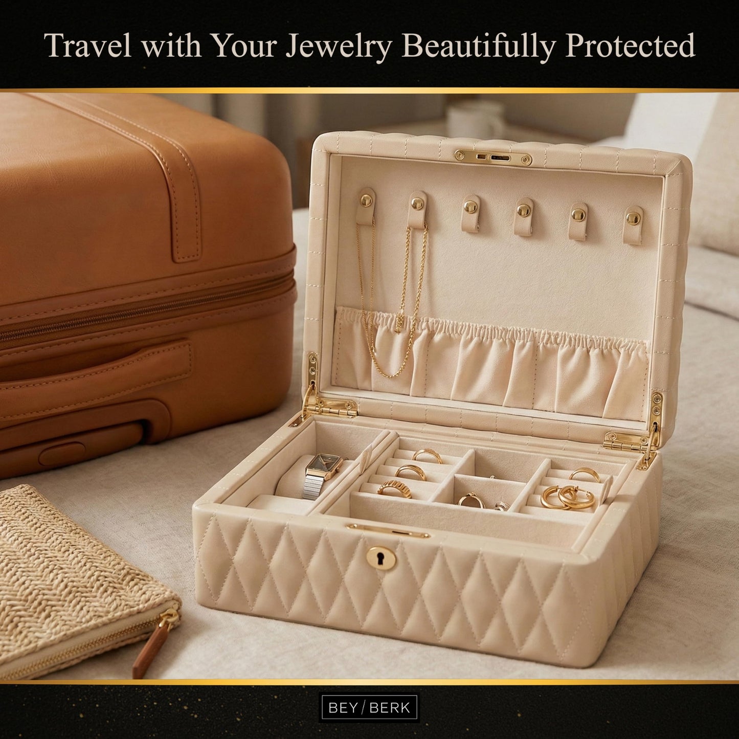 Bey-Berk Diamond-Quilted Leather Travel Jewelry Box, Cream, Locking Organizer with Necklace Hooks, Ring Rows and Watch Compartment