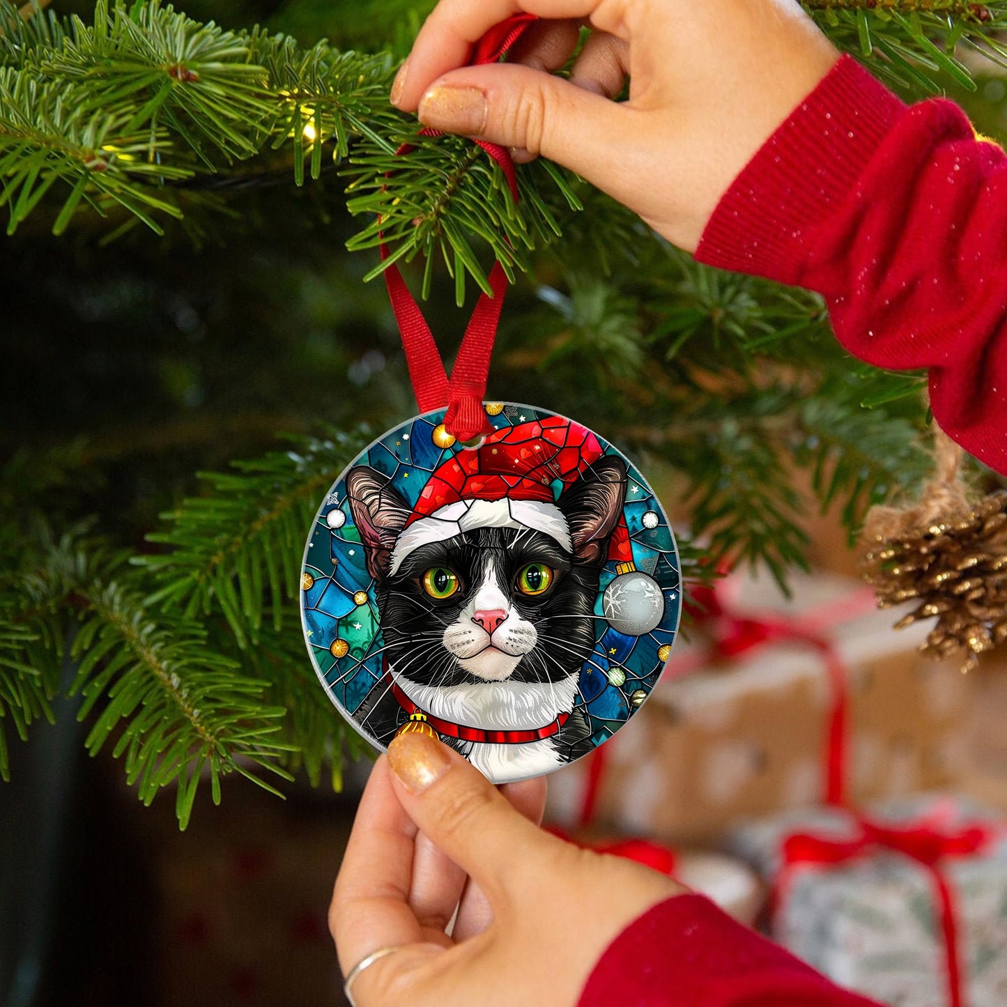 Fastpeace Tuxedo Cat Christmas Ornament with Santa Hat – Stained Glass Style Tree Decoration – Cute Hanging Gift for Cat Lovers, Friends, and Family
