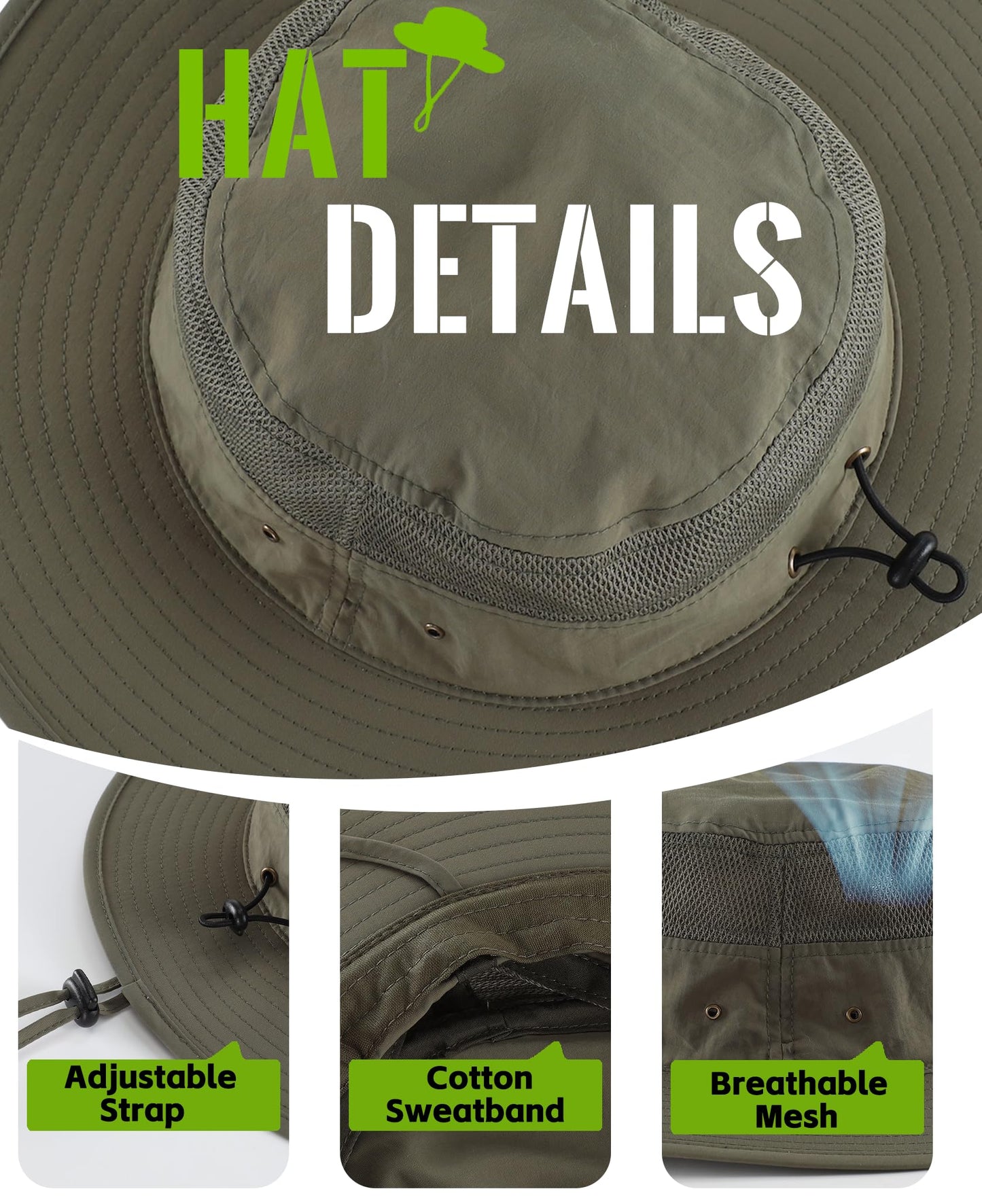 Home Prefer Men's Sun Hat UPF 50+ Wide Brim Bucket Hat Windproof Fishing Hats (Light Army Green)