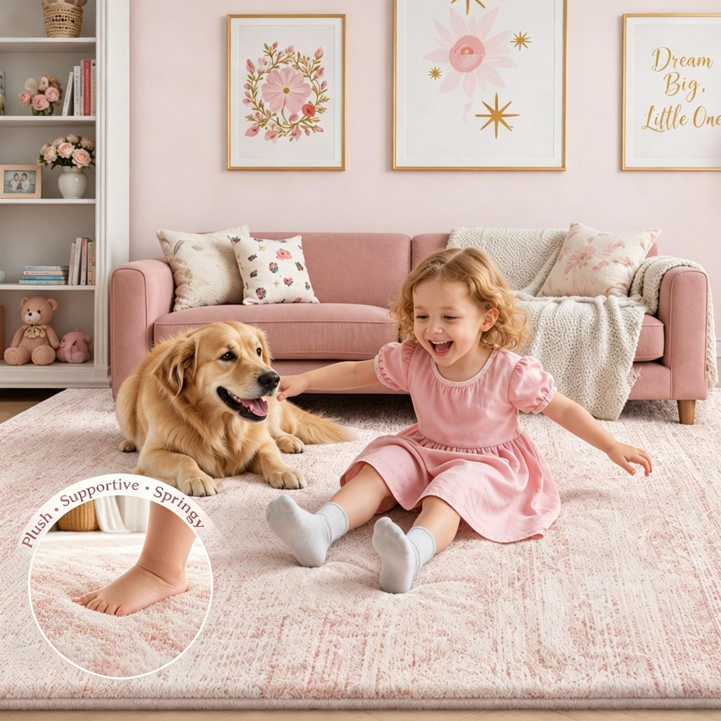 Latte&Fog Ultra Soft Thick Plush Bounce-Back,5x7 Area Rugs for Living Room, High Pile Resilient Padded Cloud-Like Pink Rug for Girls Bedroom, Kids Nursery, Dorm, Non Slip Carpet for Playroom Classroom