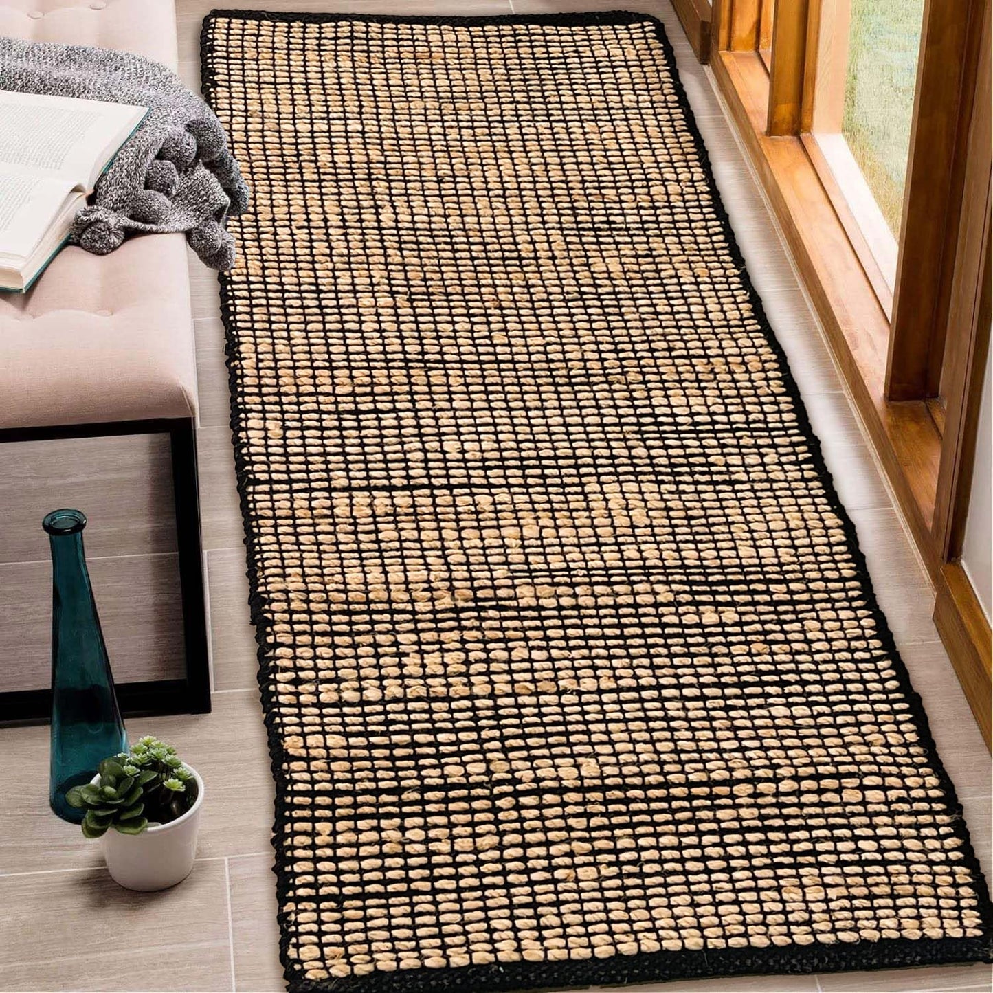 Chardin home 2x5 Jute Cotton Hand Woven Runner Rug | Braided Hallway Rug, Boho Rustic Style, Natural Jute/Black | Farmhouse Vintage Rugs for Entryway, Hallway, Foyer, or Kitchen