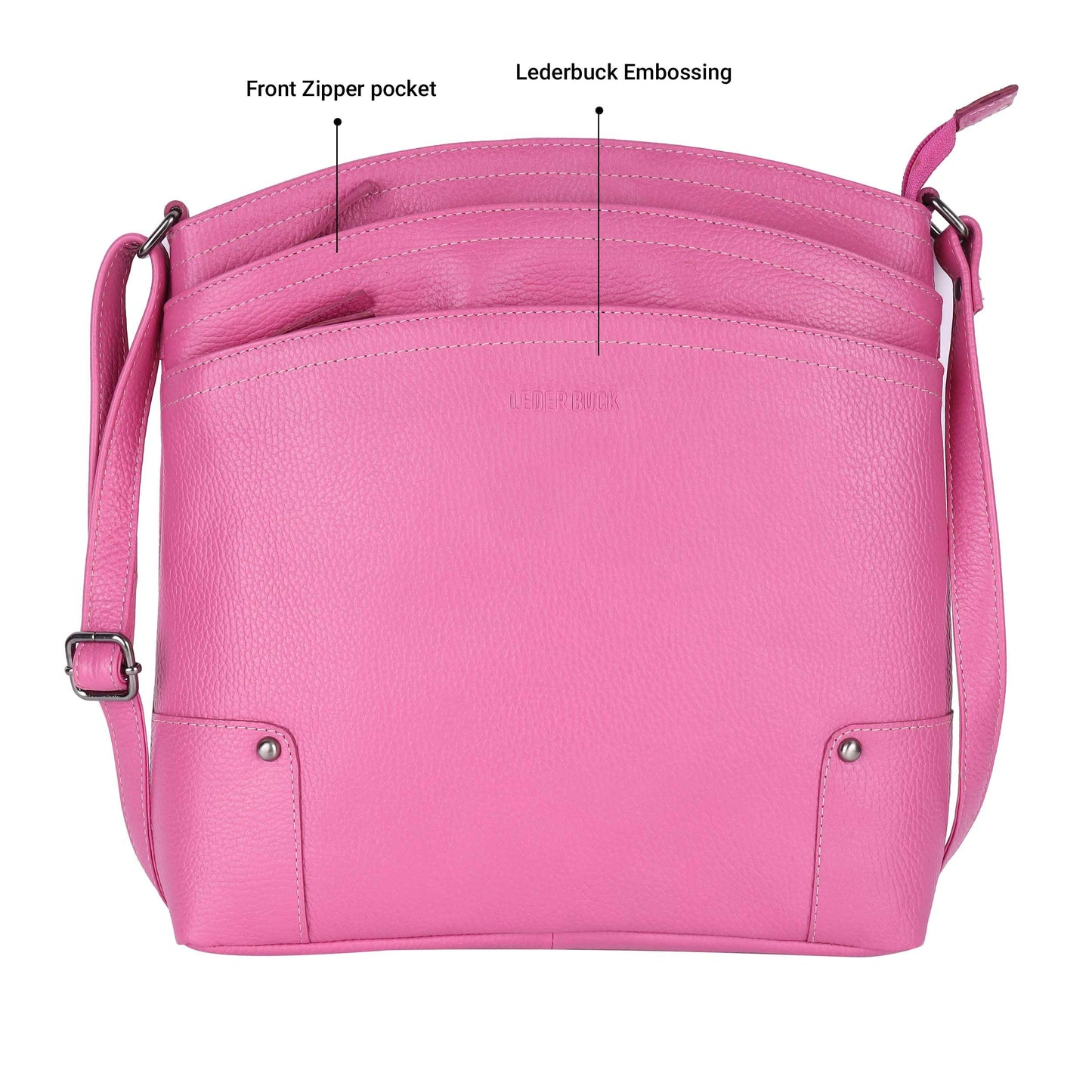 LEDERBUCK Terry Large Soft Real Leather Womens Crossbody Handbags and Purses-Triple Zip Premium Sling Crossover Shoulder Bag (Fuscia Pink)