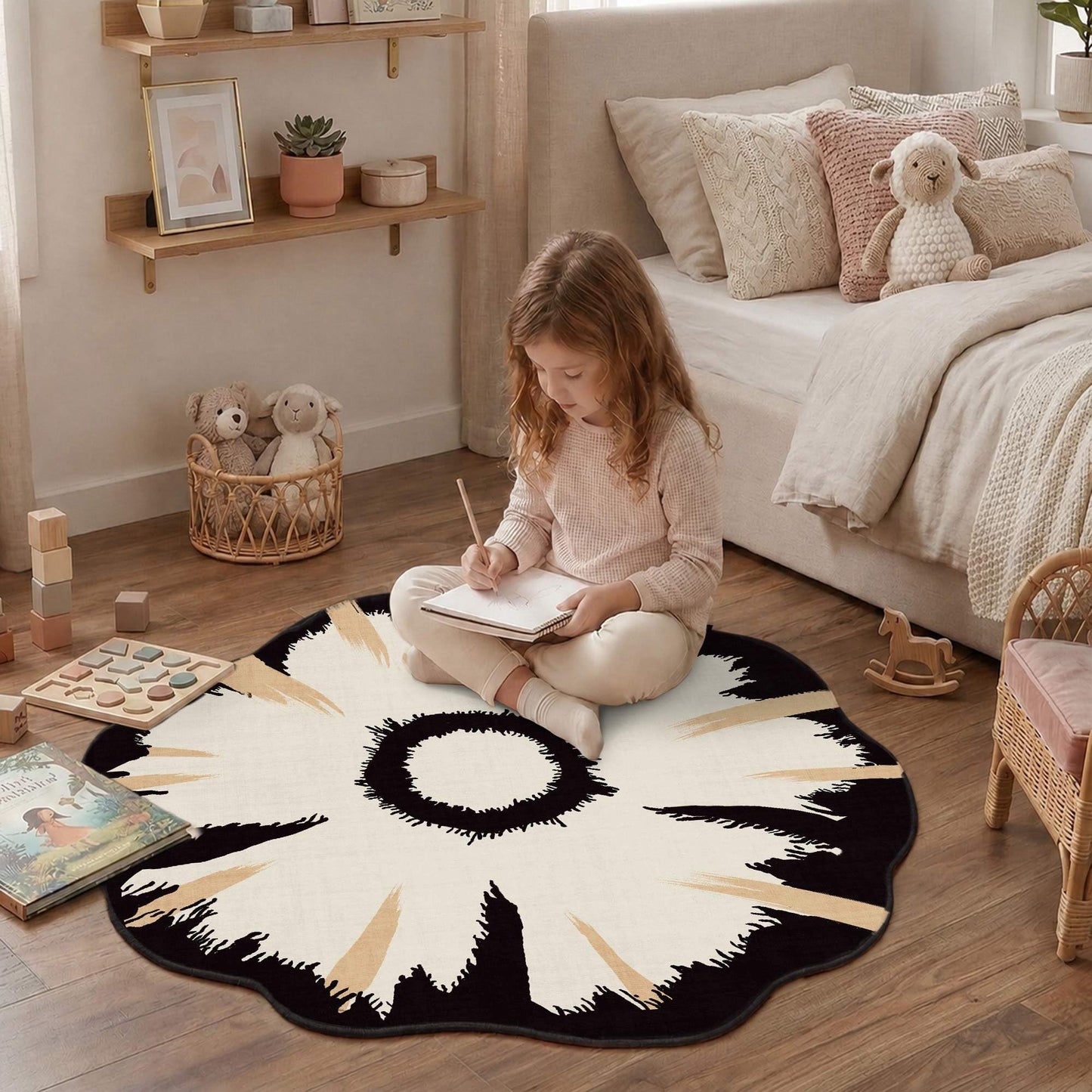 Latte&Fog Round Area Rug for Living Room, Modern Floral Washable Circle Rug, Boho Non Slip Low Pile Carpet for Bedroom, Dining Room, Entrance and Hallway(4ft Round)