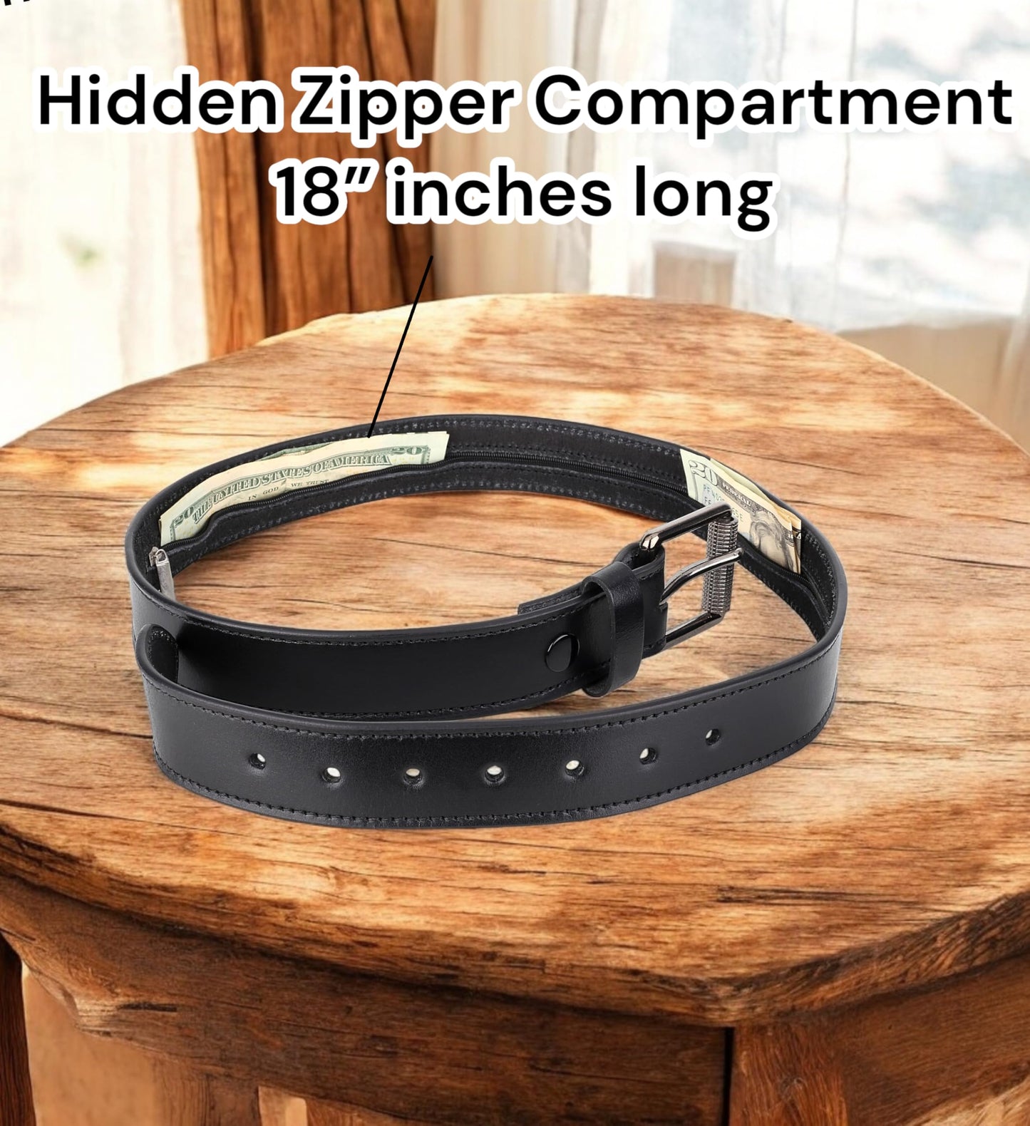 Men’s Money Full Grain leather Belt, Hidden zipper Pocket, USA,classic black,MB10,size 40