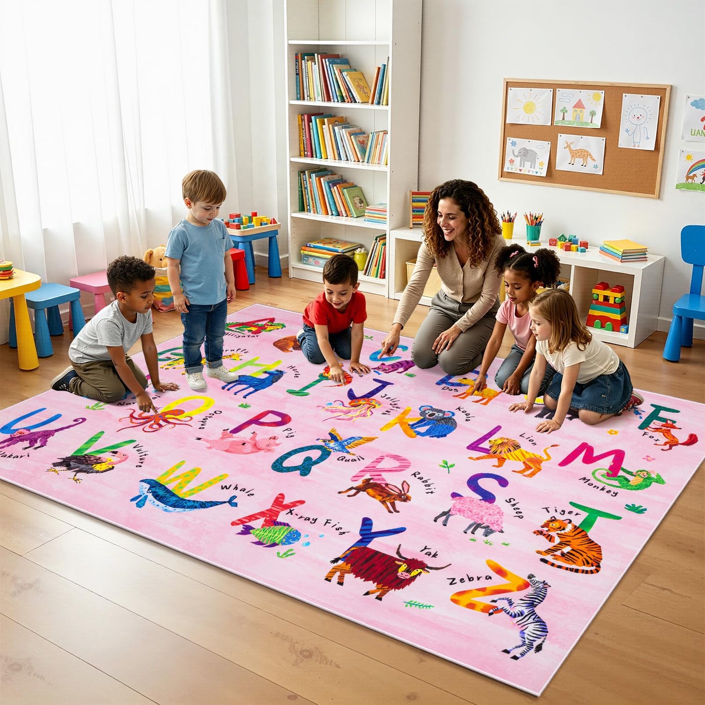 Rogara 5x7 ABC Classroom Rug for Kids Playroom, Alphabet Rug with 26 Animals, Non-Slip Washable Kids Carpet, Educational Preschool Play Mat for Daycare, Nursery, Toddler Bedroom