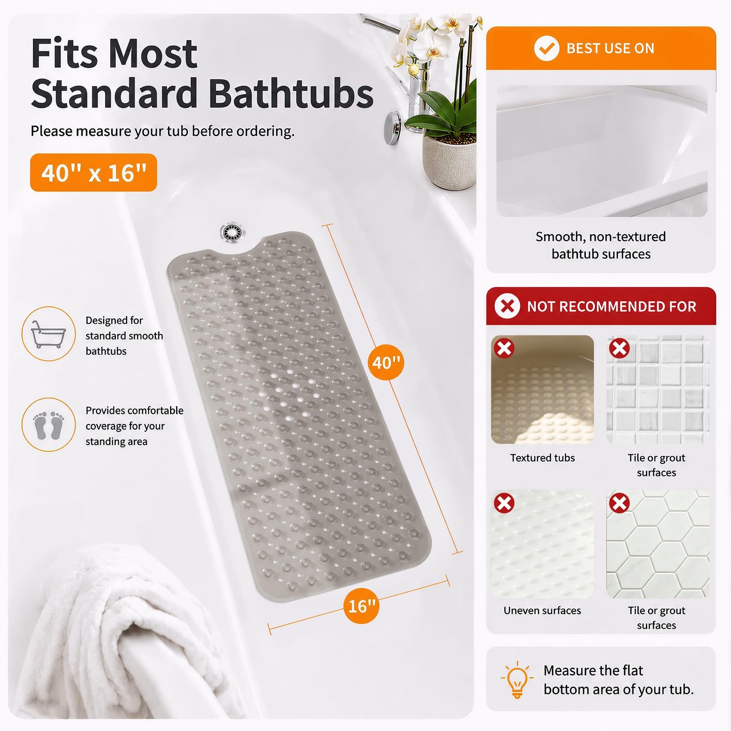 Yimobra Non Slip Bathtub Mat 40 x 16 Inch, Extra Long Shower Mat with Drain Holes, Machine Washable Baby Bath Mats, Strong Suction Cups for Bathroom Floor, Clear Grey