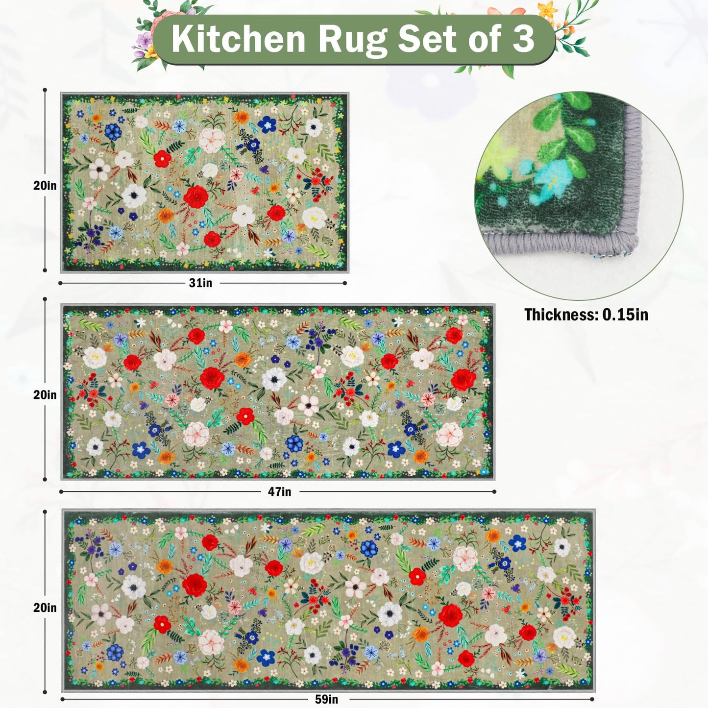 PCSWEET HOME Floral Kitchen Rugs Sets of 3 Non Slip Kitchen Rugs and Mats Washable Farmhouse Kitchen Rugs Spring Floral Kitchen Floor Mat Carpet Runner Rugs for Hallway Laundry Room, Green